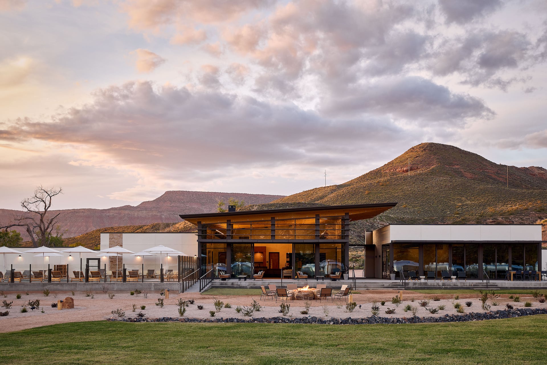 Clubhouse exterior with lawn in foreground