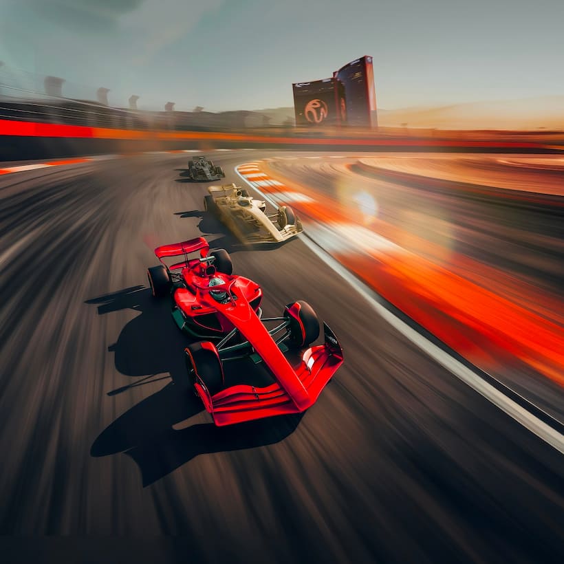 Formula One red race car going round track