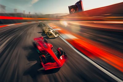 Formula once care speeding along the track with extreme motion blur